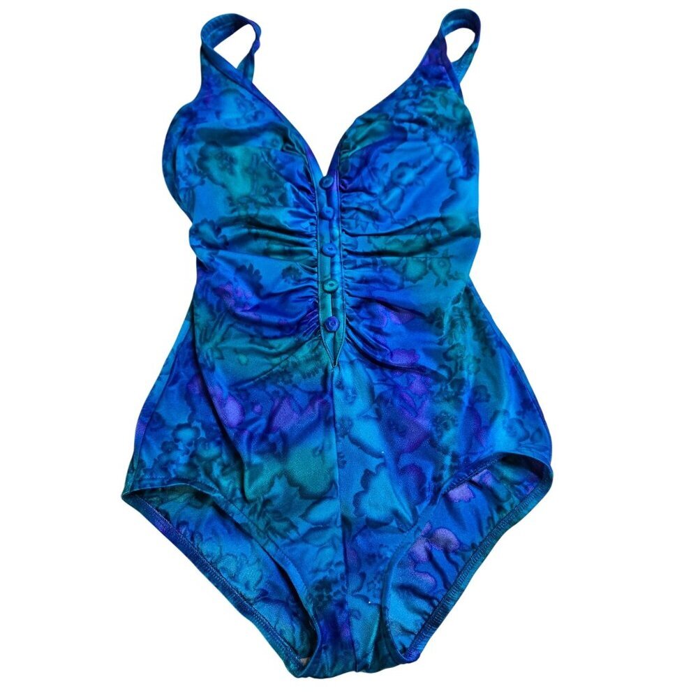 Vintage Robbi Len One Piece Swimsuit Size S‎ Blue Green Watercolor Vneck Buttons
